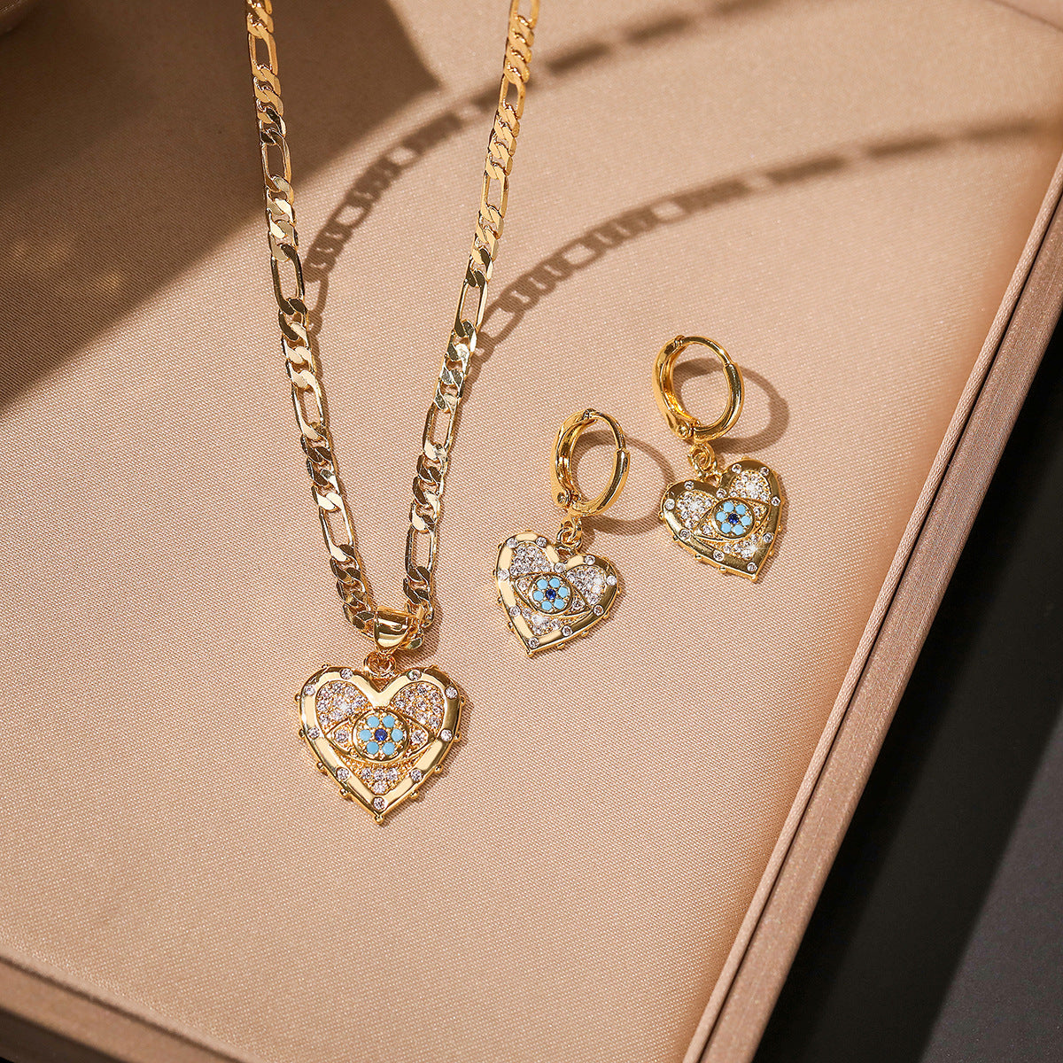 Gold-Plated Cubic Zirconia Evil Eye & Heart Pendant Set
