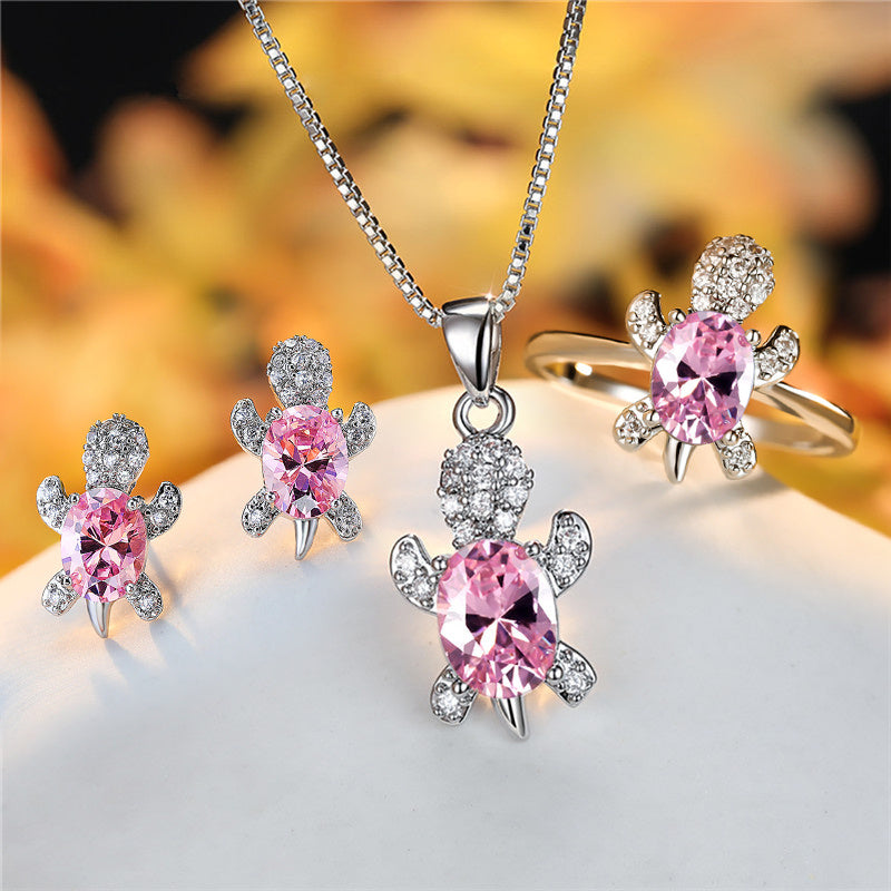 Elegant Oval Zircon Turtle Necklace with Rainbow Stone