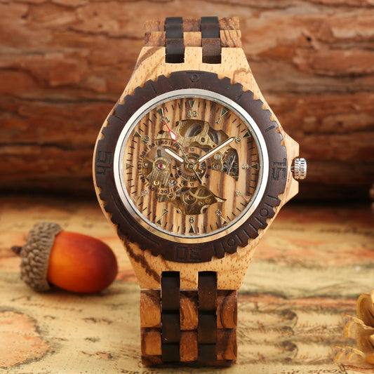 Ebony Zebra Wood Five Beads Strap Automatic Mechanical Wooden Watch