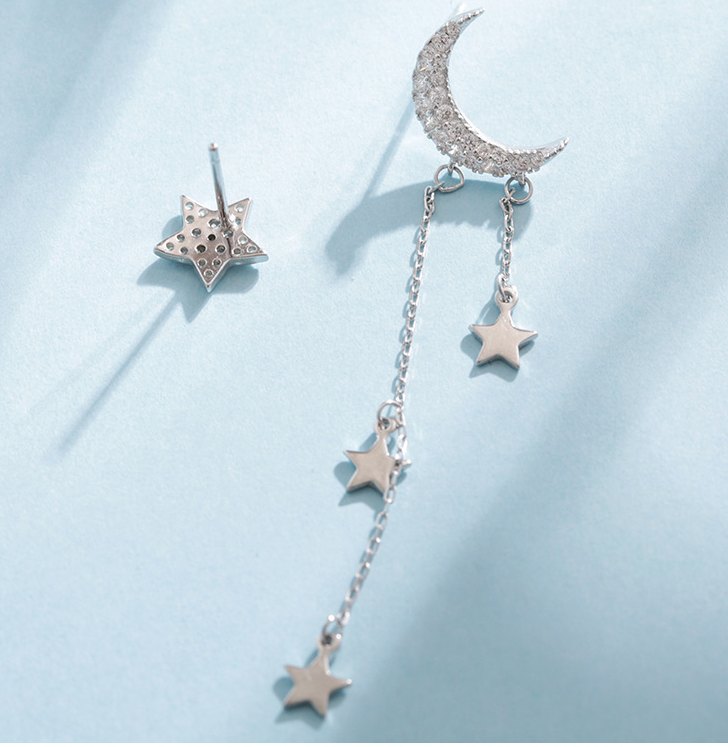 Asymmetrical Star Moon Tassel Sterling Silver Stud Girl