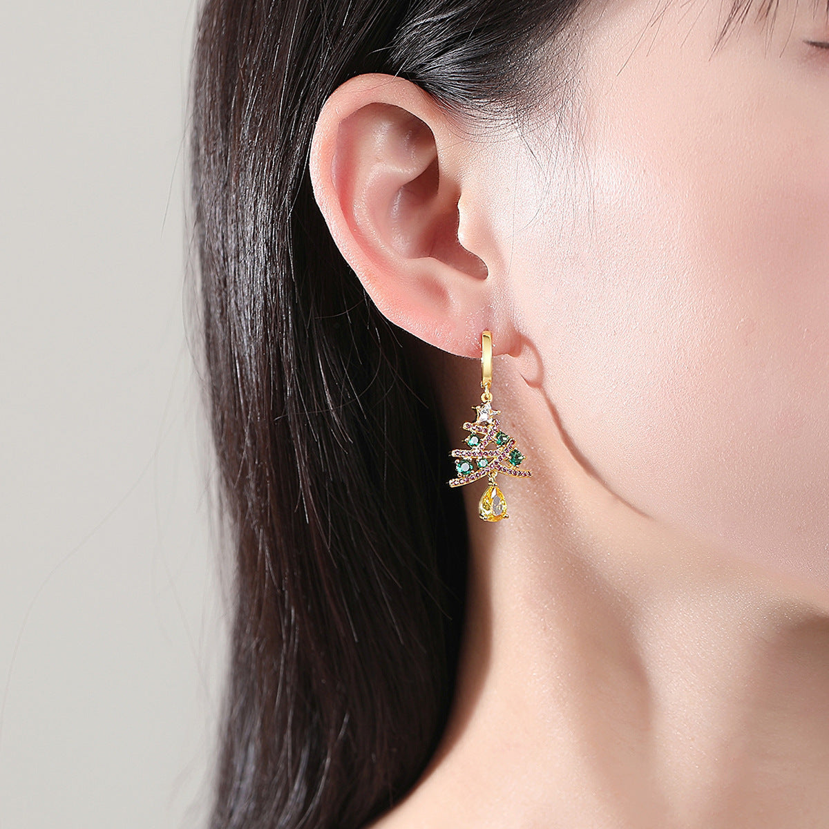 Christmas Tree Earrings with Colorful Rhinestones