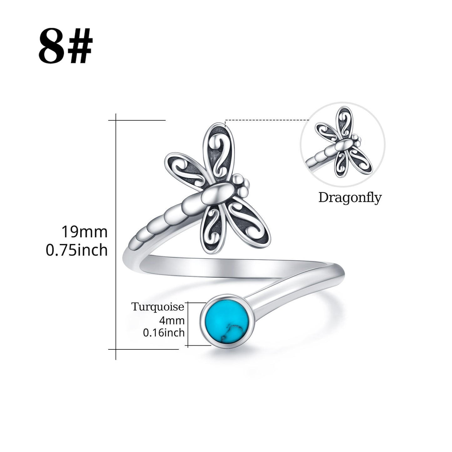 925 Sterling Silver Dragonfly Open Ring Turquoise Cute Animal Jewelry