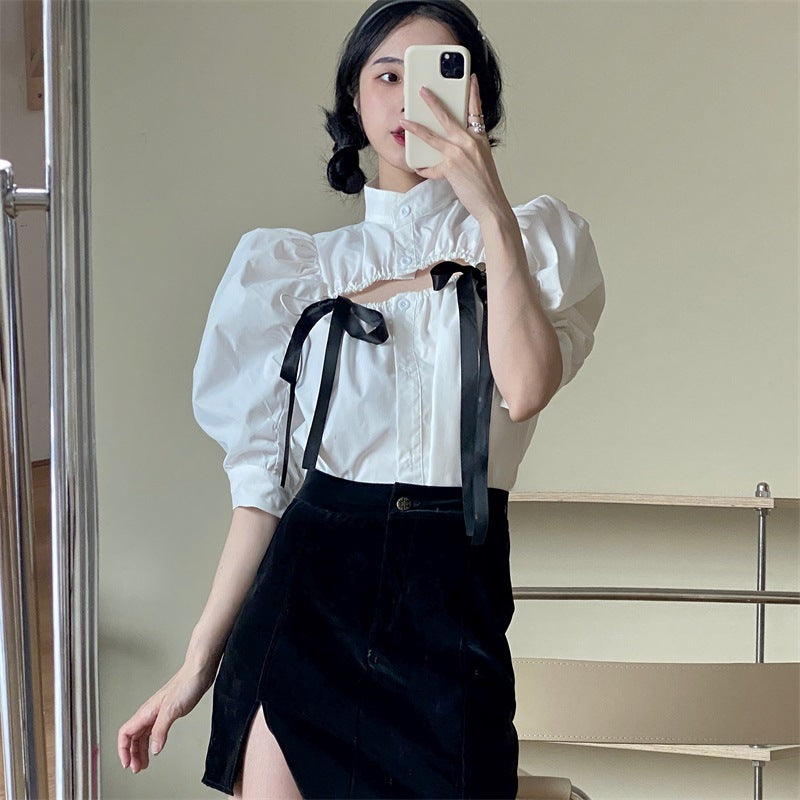 White Shirt Puff Sleeve Shirt Slim Slimming Short-sleeved Cardigan Top