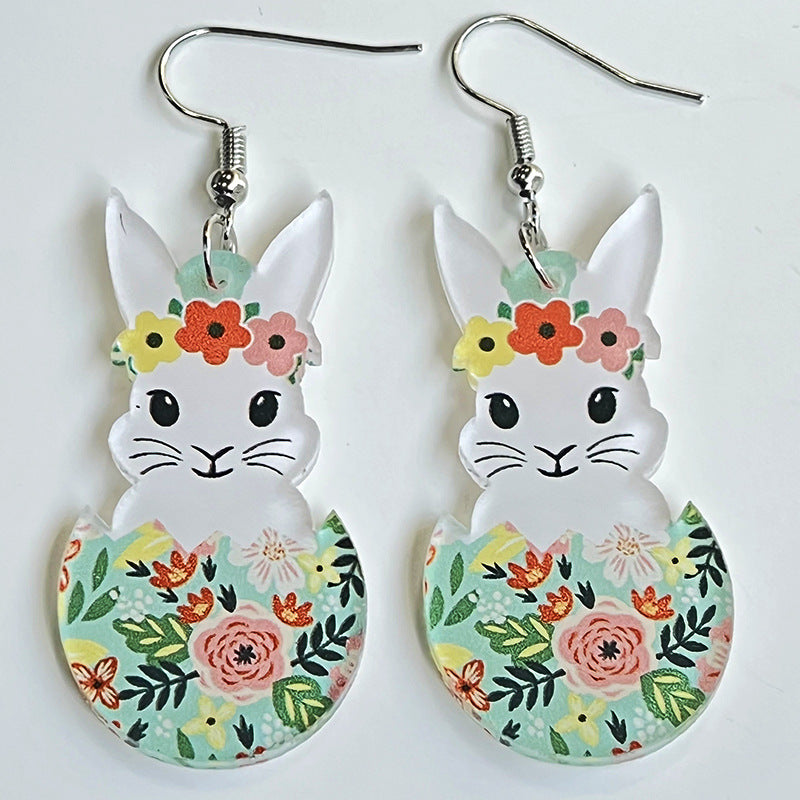 Easter Rabbit Flower Basket Cute Printed Egg Chick Spring Floral Earrings