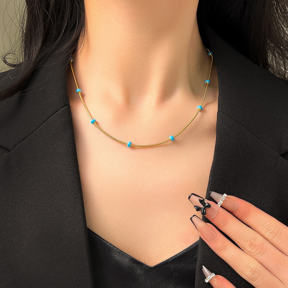 Chic 18K Gold Plated Stainless Steel Enamel Blue Bead Snake Chain Necklace