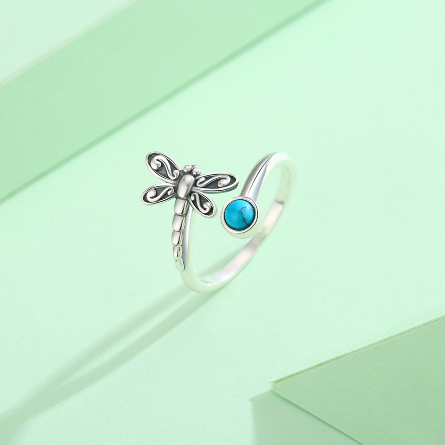 925 Sterling Silver Dragonfly Open Ring Turquoise Cute Animal Jewelry