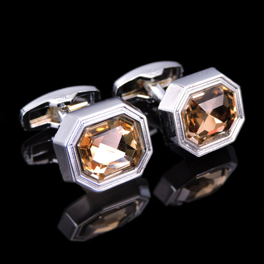 Silver Geometric Orange Crystal Cufflinks