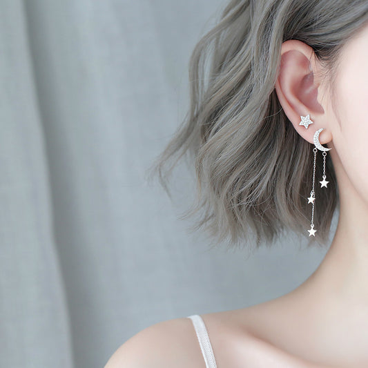 Asymmetrical Star Moon Tassel Sterling Silver Stud Girl