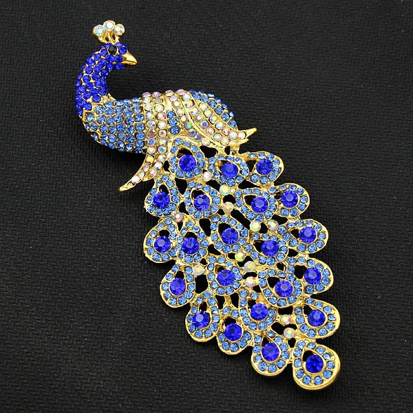 Extra Large Sapphire Crystal Rhinestone Peacock Brooch