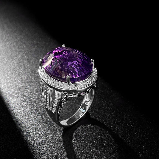 Light And Extravagant Wind Jewelry Large Denier Shaped Natural Amethyst Ring S925 Silver Set Crystal