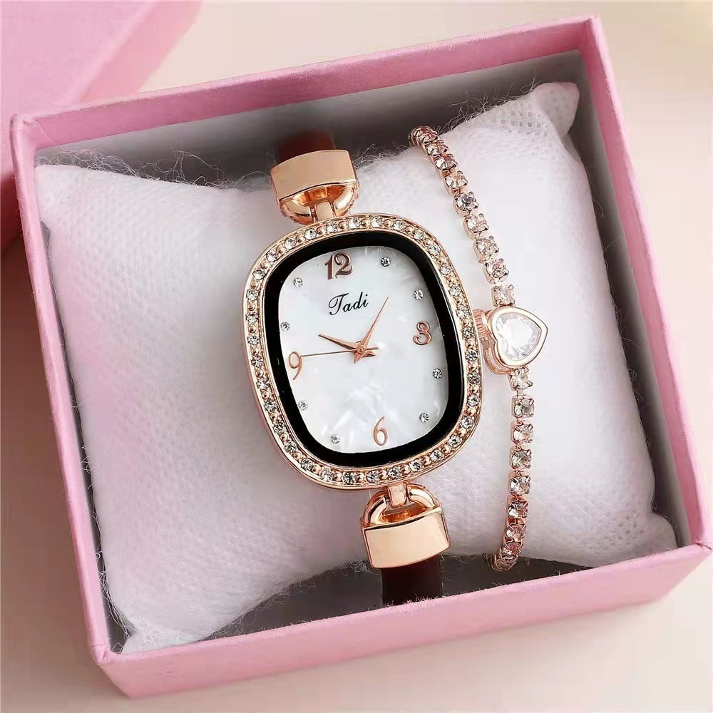 Fashion Belt Marbling Rhinestone Women's Quartz Watch Bracelet Set