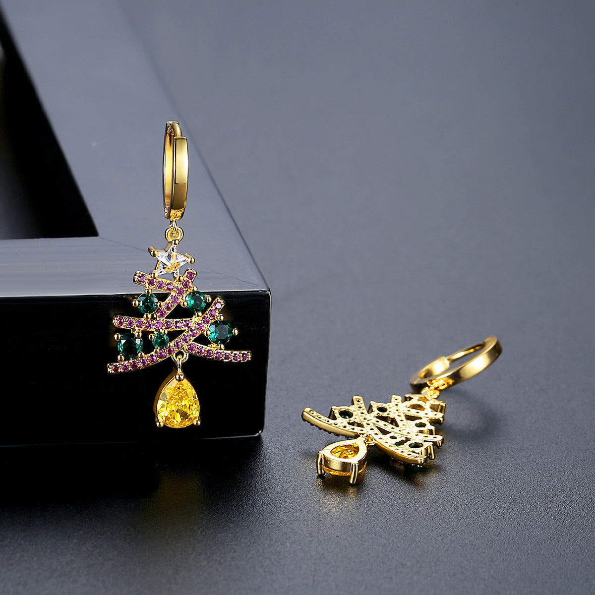 Christmas Tree Earrings with Colorful Rhinestones