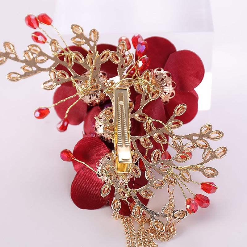 Bridal fabric headdress red flowers Chinese hairpin