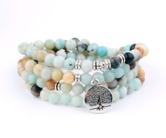 Natural Stone Rosary Bracelet Alloy 3D Lotus Life Tree Anklet Yoga Mala Necklace