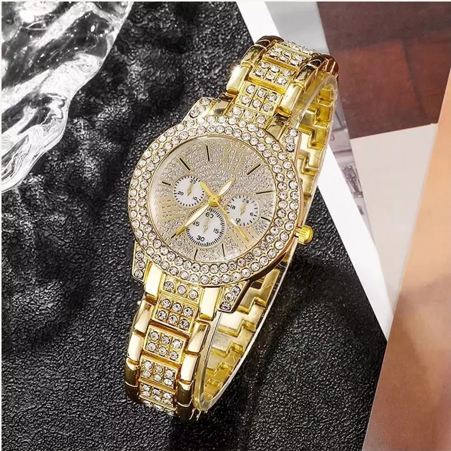 Gold Boho Ring Set & Full Diamond Watch Suit