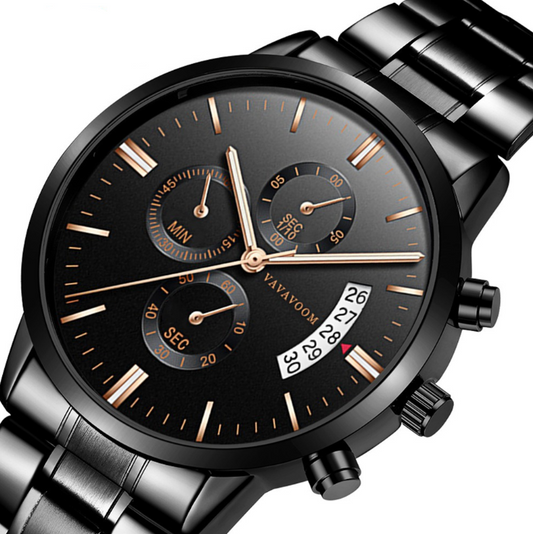 Men''s Stainless Steel Watches with Business Leisure Calendar Quartz Watches Waterproof Black Refined Steel Watches