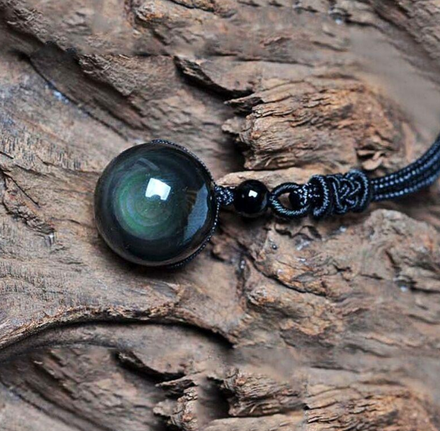 Natural Obsidian Rainbow Eye Transfer Good Luck Bead Pendant Necklace Polyester Rope Chain Necklace Jewelry For Woman