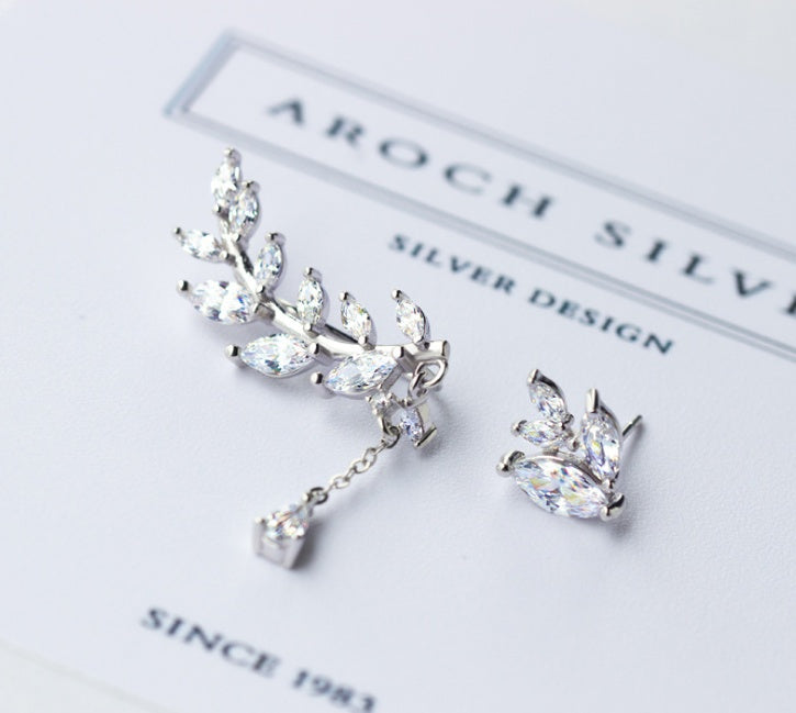 925 Silver Asymmetrical Diamond Leaf Earrings