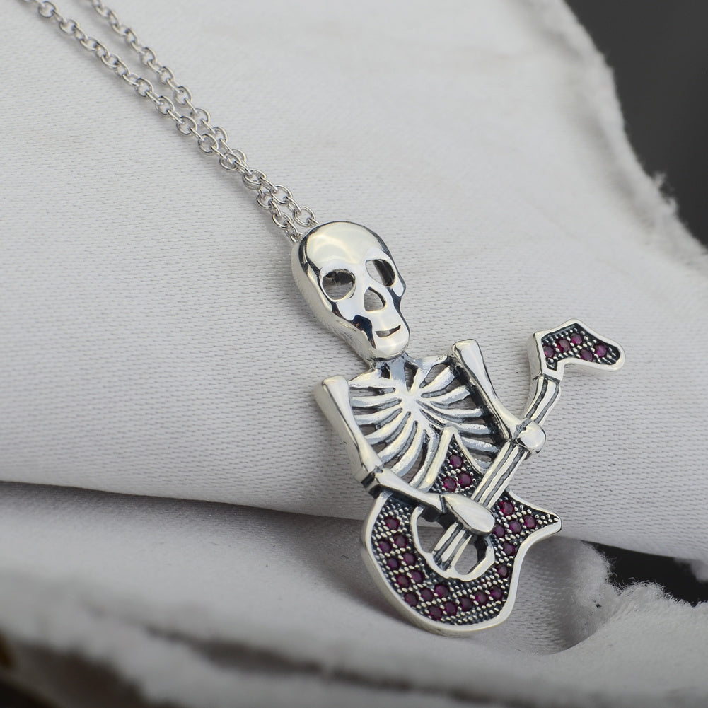 Guitar Skeleton Pendant 925 Silver Necklace