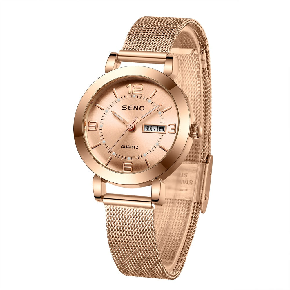 Mesh Non-mechanical Ladies Luminous Waterproof Double Calendar Female Student Steel Belt Watch