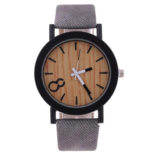 8 word denim belt watch wood grain surface watch quartz watch