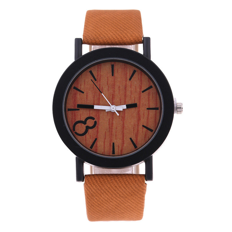 8 word denim belt watch wood grain surface watch quartz watch