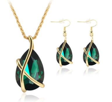 Gold Plated Crystal Stone Pendant Necklace Earrings Set