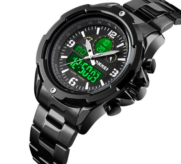 Sports steel band luminous dual display watch