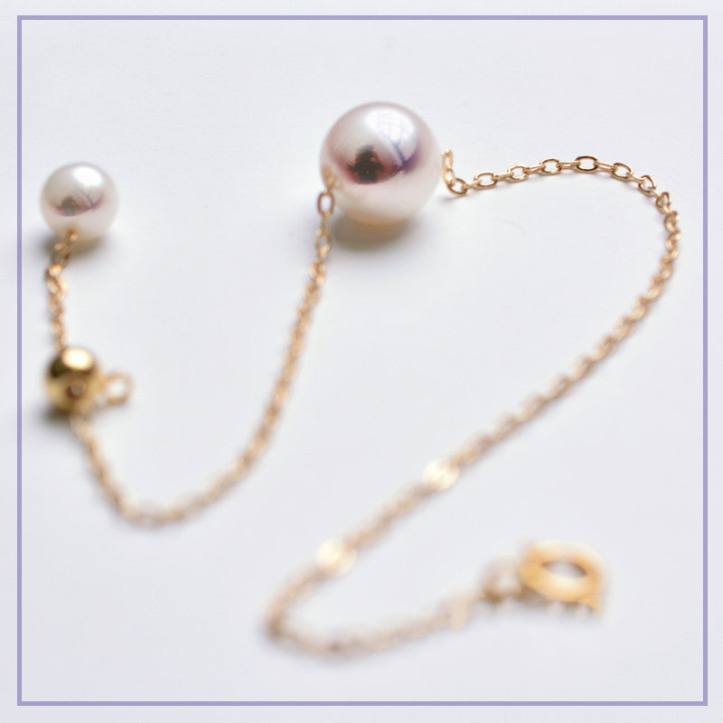 Single 18K Gold Japanese Akoya sea pearl bracelet adjusts natural rose white color gold flawless bulb