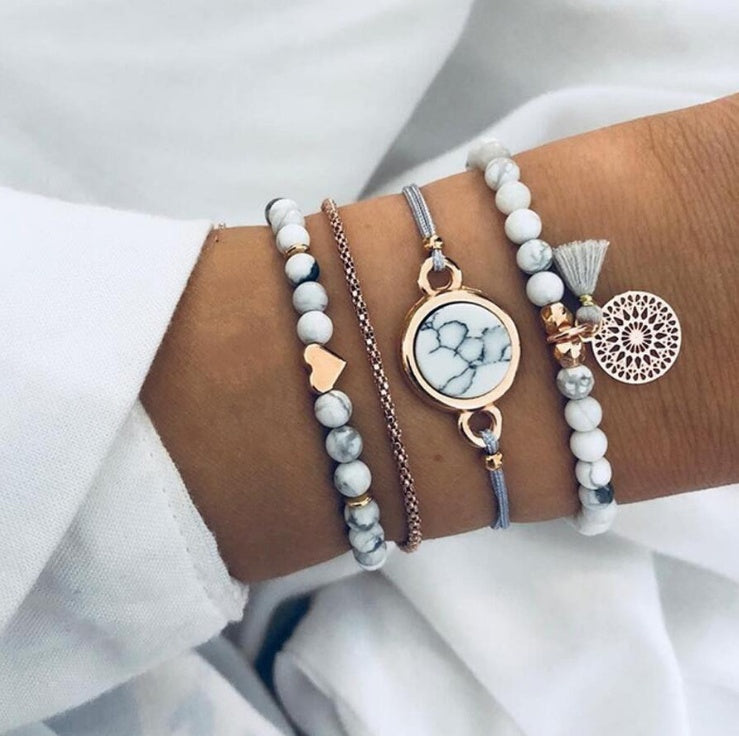 Geometric Hollow Fringed Pine Stone Bracelet Set