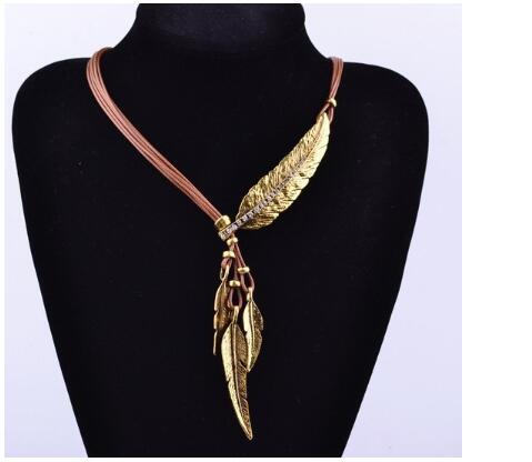 3 Colors Black Rope Multilayer Feather Leaf Tassels Pendant Necklace