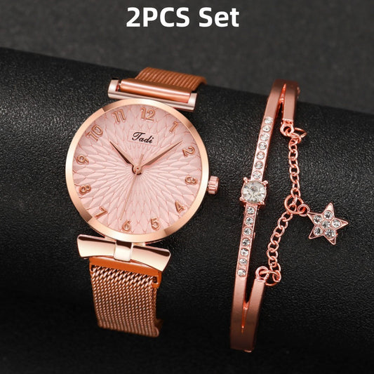 Stylish Rose Gold Quartz Watch & Bracelet Set