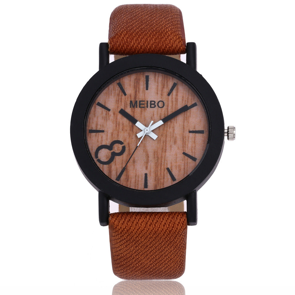 8 word denim belt watch wood grain surface watch quartz watch