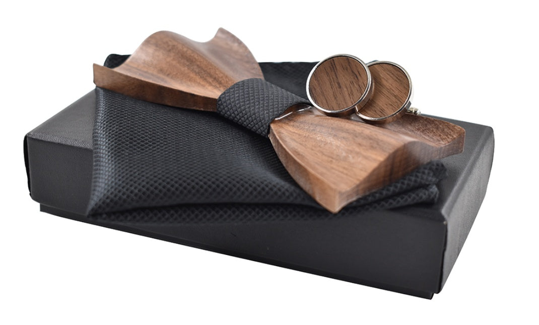 3D Wood Bow Tie Cufflinks Set