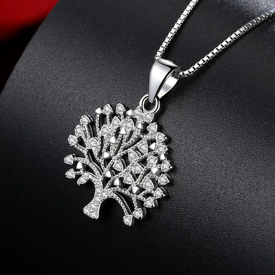 Life Tree Pendant 925 Silver Diamante Necklace