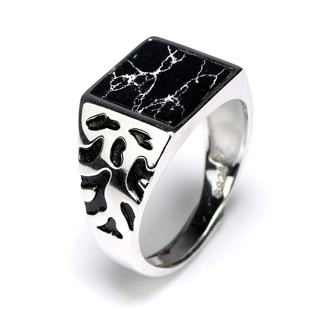 925 Sterling Silver Vintage Men's Rings Adjustable Square Black Stone Flower Pattern Design Male Turkey Jewelry