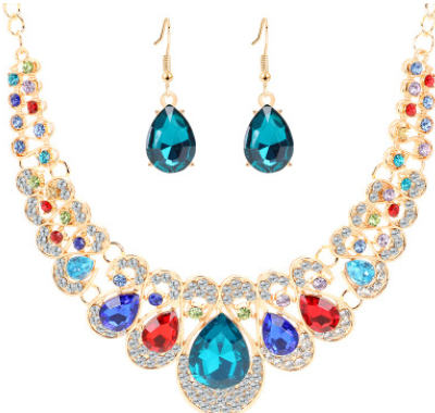 Europe and the United States retro ethnic style jewelry set crystal gem set geometric necklace earrings set female fashion jewelry