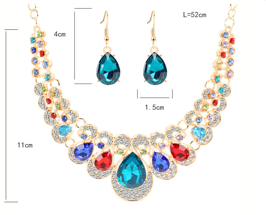 Europe and the United States retro ethnic style jewelry set crystal gem set geometric necklace earrings set female fashion jewelry