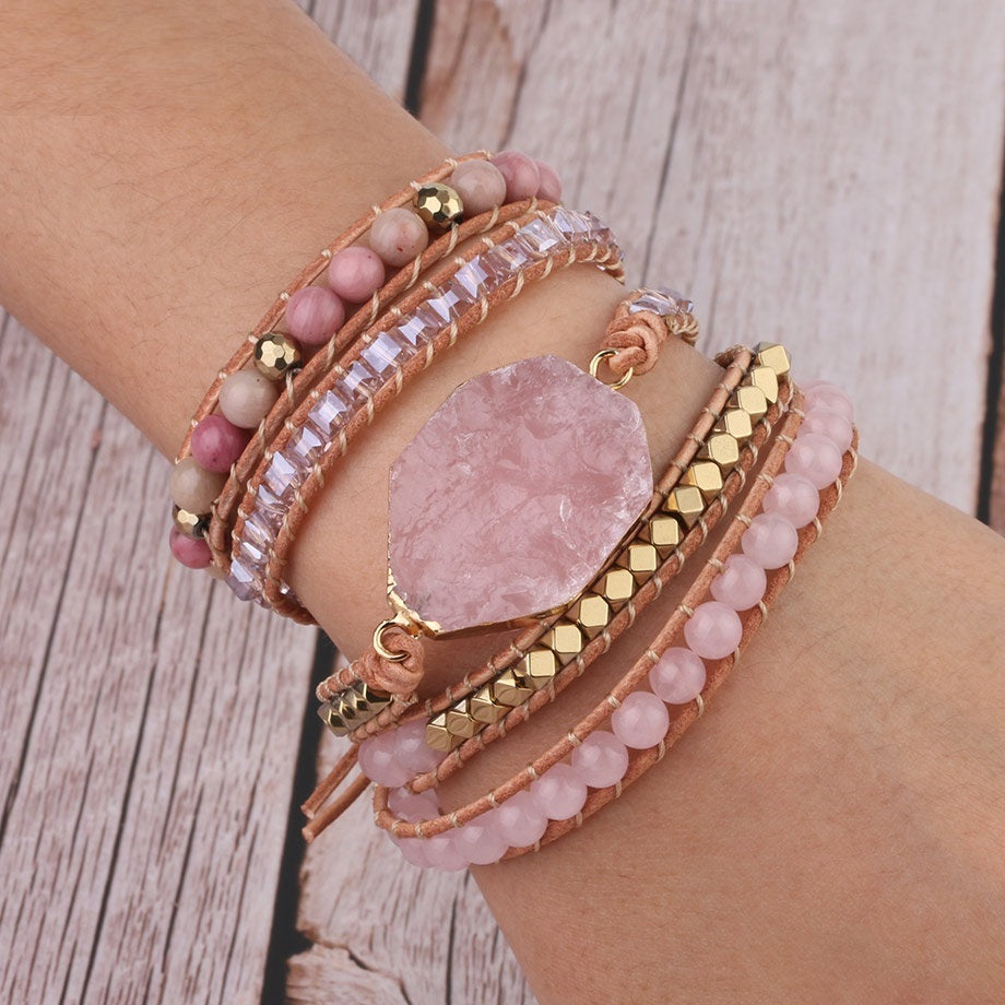 Natural Stone Bracelet  Quartz Leather Wrap Bracelets For Women Rose Gems Beads Jewelry 5 Strand