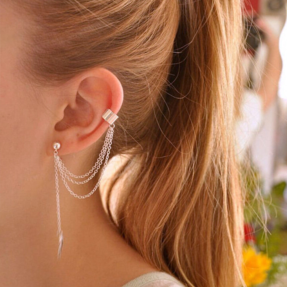 Metal leaf leaf tassel earrings ear clip jewelry women