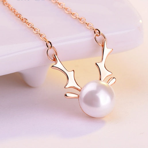 Deer Horn 14k Rose Gold Pearl Necklace