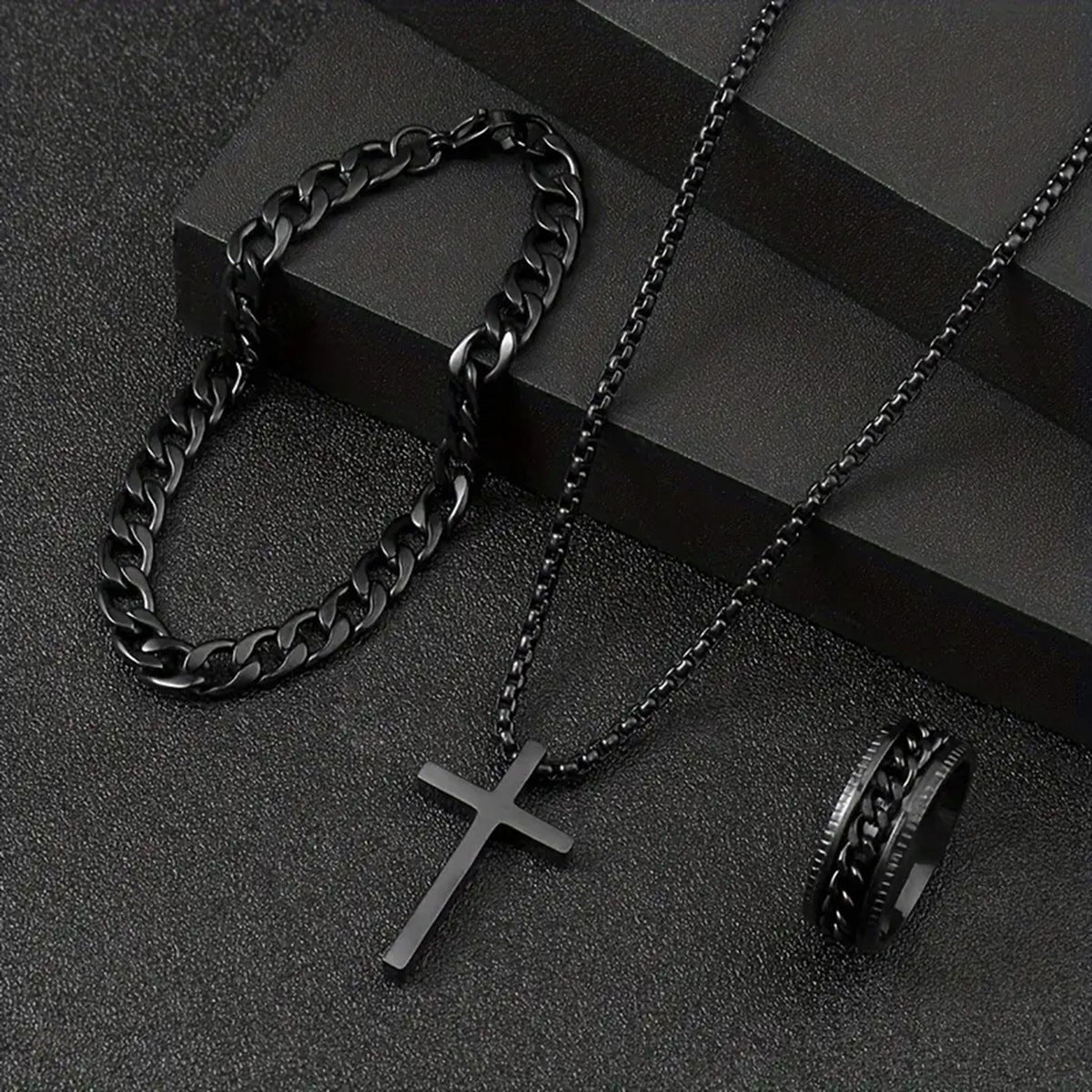 Men's Cross Necklace, Ring & Bracelet Suit