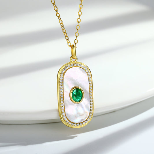 Natural Emerald Pendant S925 Silver Inlaid Fritillaria Necklace Personality Geometric Round Card Shaped Pendant
