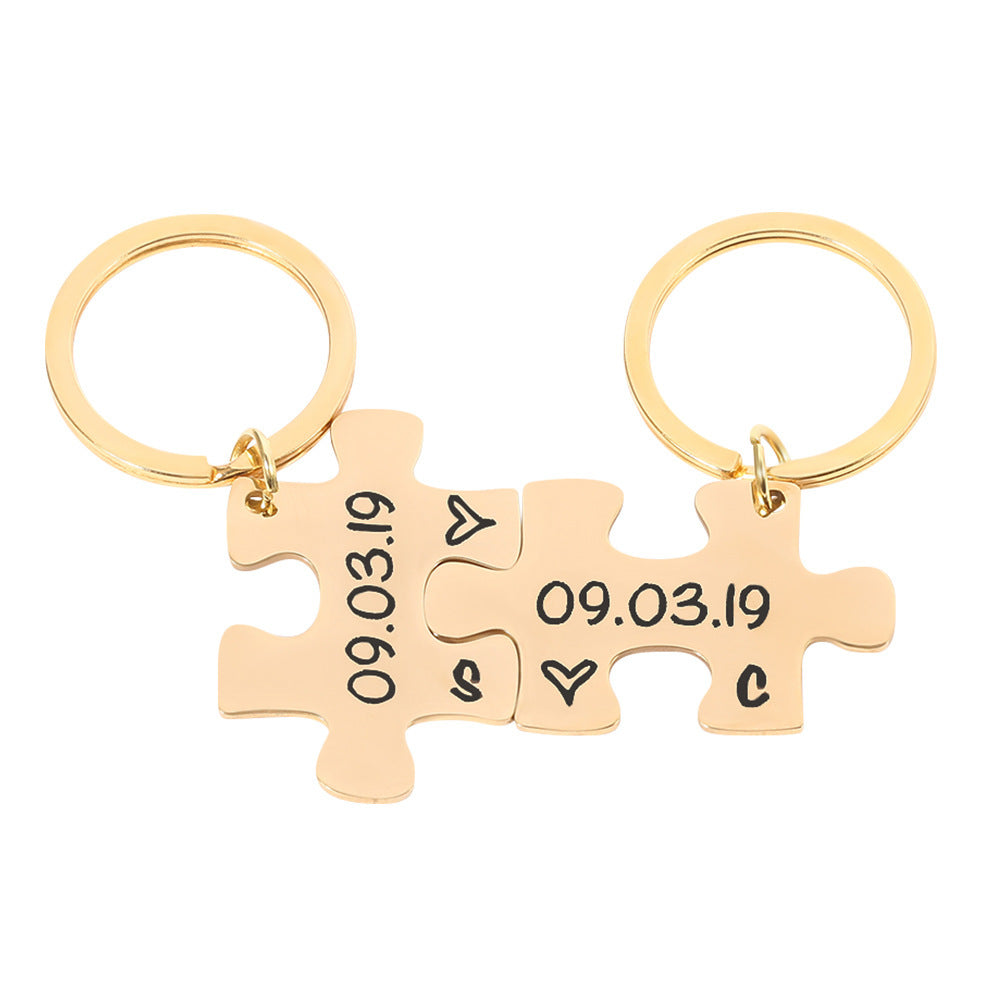 Couple Keychain Gifts Engraving Stainless Steel Couple Puzzle Key Ring