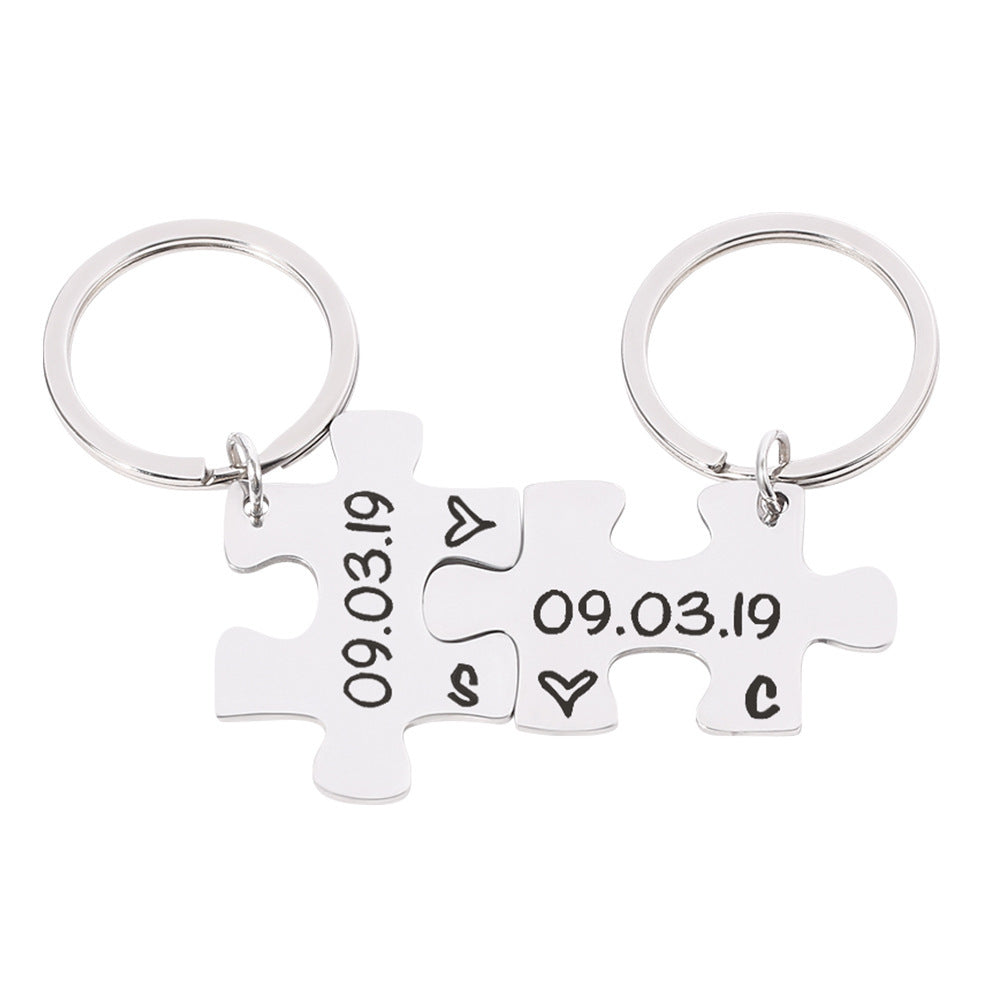 Couple Keychain Gifts Engraving Stainless Steel Couple Puzzle Key Ring