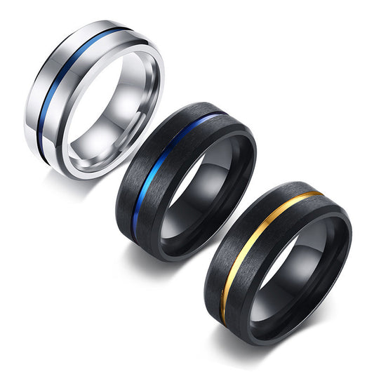 Titanium Steel Men's Ring Blue Stainless Steel Joint Between Grooves