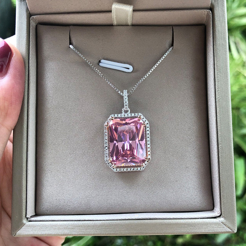 Children's Necklace Pink 3a Zircon Large Square Geometric Diamond Pendant Short Necklace