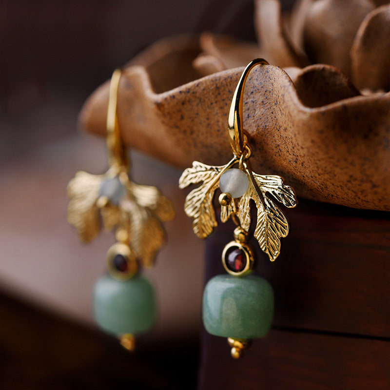 Green Apple 14k Gold Tree Leaf Earrings Ethnic Style