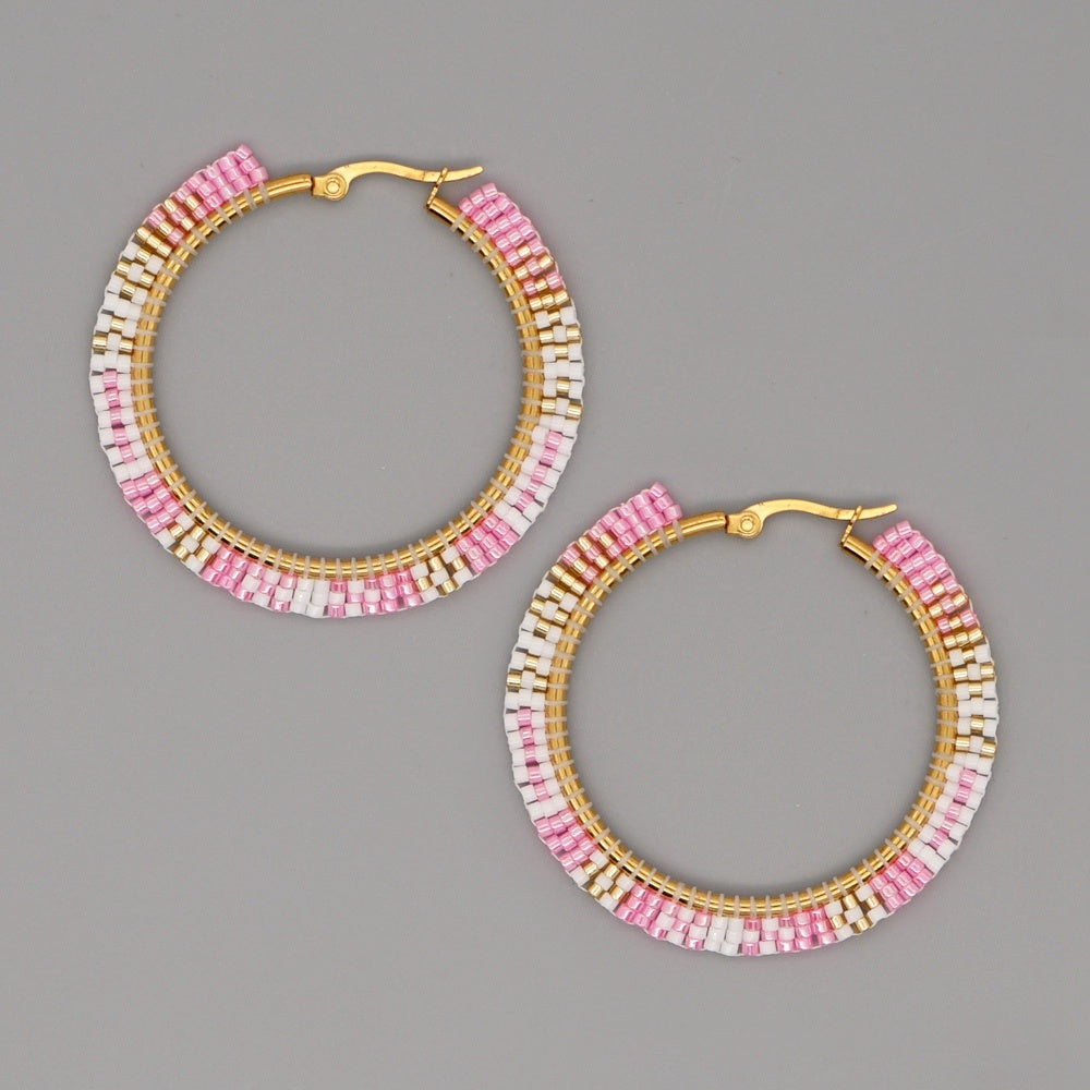 Hand-woven Large Hoop Earrings With Rice Beads