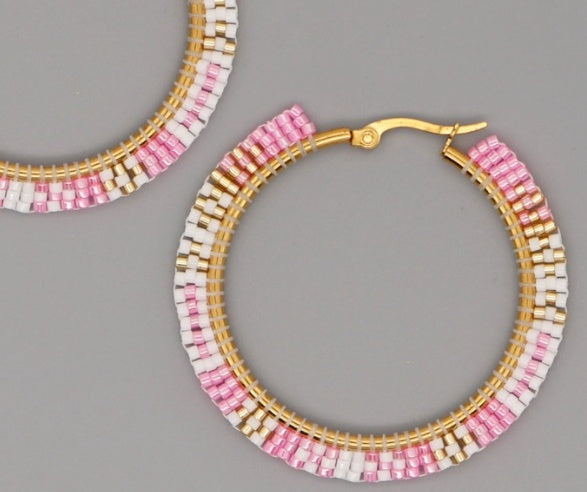 Hand-woven Large Hoop Earrings With Rice Beads